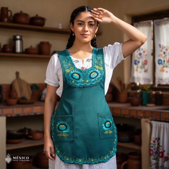 Turquoise Mexican Embroidered Smock Apron – Floral Traditional Design for Women - Picture 1 of 8